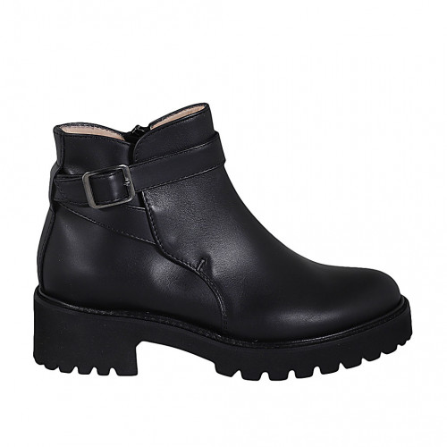 Woman's ankle boot with zipper and buckle in black leather heel 5 - Available sizes:  42, 45