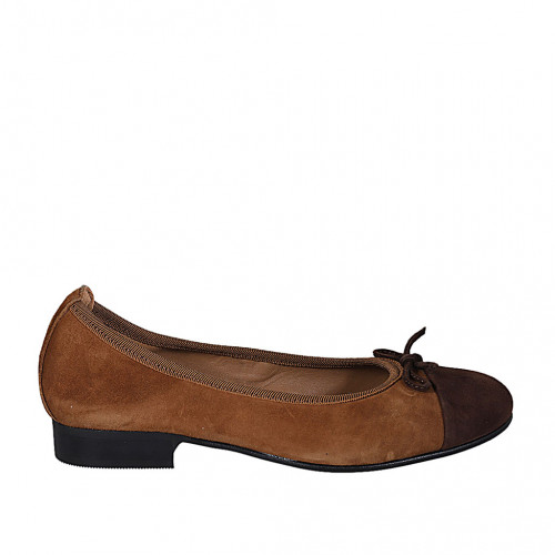 Woman's ballerina with bow and captoe in tan brown and dark brown suede heel 2 - Available sizes:  33, 42