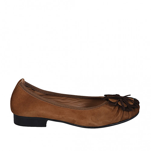 Woman's ballerina with flower in tan brown and dark brown suede heel 2 - Available sizes:  33, 43, 44, 45