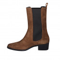 Woman's high and pointy ankle boot with elastic bands in cognac brown suede heel 5 - Available sizes:  44