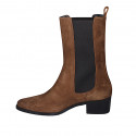 Woman's high and pointy ankle boot with elastic bands in tan brown suede heel 5 - Available sizes:  44