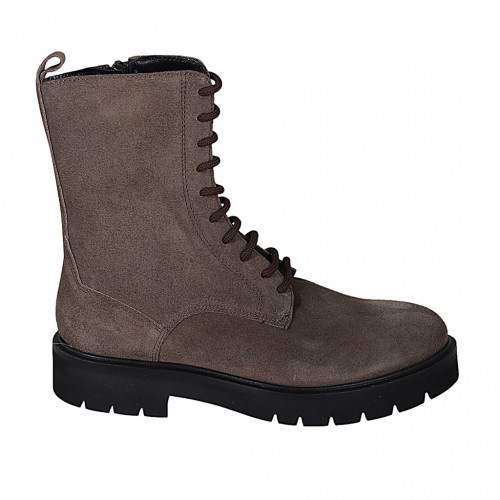 Bottines pour femmes avec lacets et fermeture éclair en daim taupe talon 3 - Pointures disponibles:  32, 33, 43, 44, 45, 46, 47