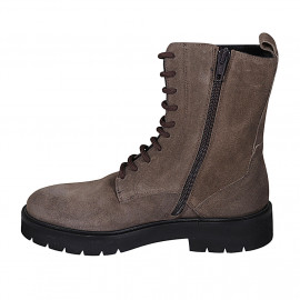 Botin para mujer con cordones y cremallera en gamuza gris pardo tacon 3 - Tallas disponibles:  32, 33, 44, 45 2