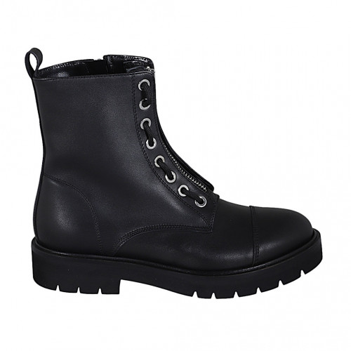 Botin para mujer con cremalleras, puntera y cordones en piel negra tacon 3 - Tallas disponibles:  32, 33, 43