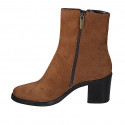 Woman's ankle boot in tan brown suede with zippers heel 7 - Available sizes:  33, 42, 43, 44