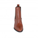 Woman's pointy texan ankle boot with lateral elastic bands in tan brown leather heel 5 - Available sizes:  42, 43