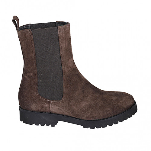 Botines para mujer en gamuza marron con elasticos tacon 3 - Tallas disponibles:  33, 42, 44, 46