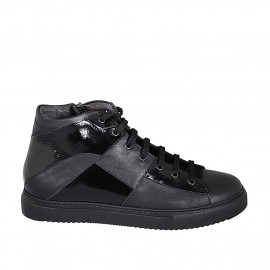 Woman's laced shoe with zipper in black leather and patent leather wedge heel 3 - Available sizes: 44