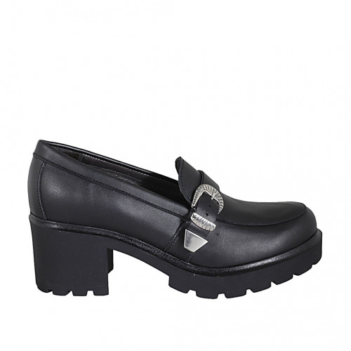 Woman's loafer in black leather with buckle heel 6 - Available sizes:  32, 34, 45