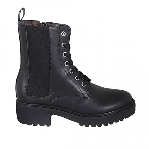 Bottines avec lacets, fermeture éclair et elastique pour femmes en cuir noir talon 4 - Pointures disponibles:  32, 33