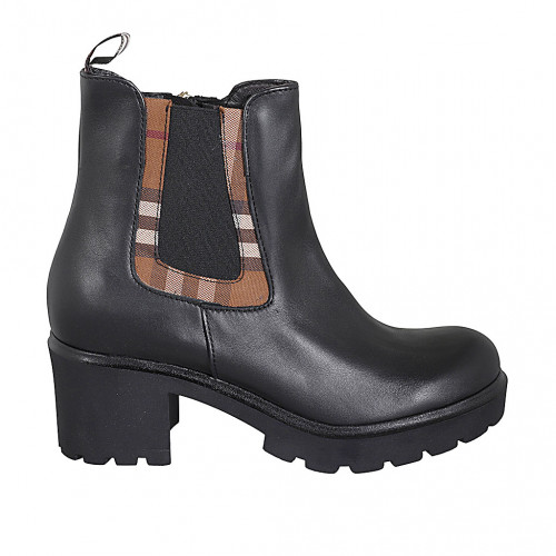 Woman's ankle boot with zipper and elastic band in black leather and brown fabric heel 6 - Available sizes:  42, 43, 45