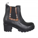 Woman's ankle boot with zipper and elastic band in black leather and brown fabric heel 6 - Available sizes:  42, 43, 45