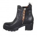 Woman's ankle boot with zipper and elastic band in black leather and brown fabric heel 6 - Available sizes:  42, 43, 45