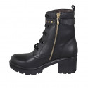 Woman's laced ankle boot with zipper, studs and buckle in black leather heel 6 - Available sizes:  43
