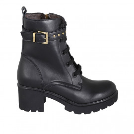 Bottines pour femmes avec lacets, goujons, boucles et fermeture éclair en cuir noir talon 6 - Pointures disponibles:  43