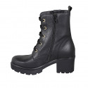 Woman's laced ankle boot with zipper, elastic bands, studs and accessory in black leather heel 6 - Available sizes:  43, 44