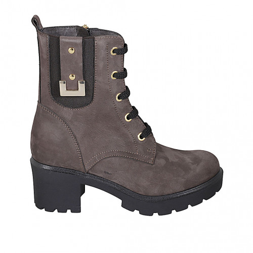 Woman's laced ankle boot with zipper, elastic band and studs in brown nubuck leather heel 6 - Available sizes:  42, 43, 44