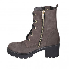 Woman's laced ankle boot with zipper, elastic band and studs in brown nubuck leather heel 6 - Available sizes:  42, 44 2