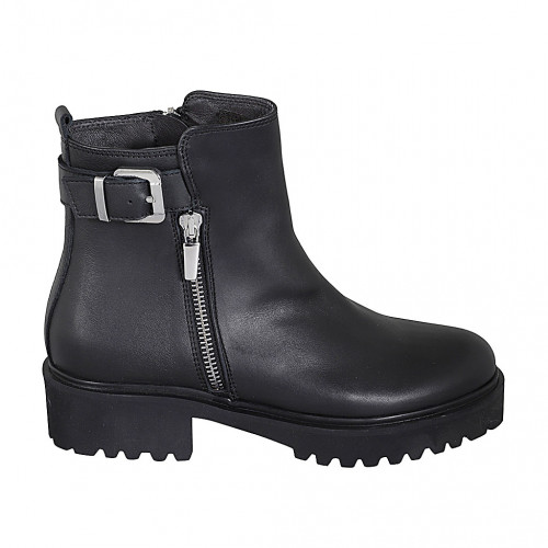 Woman's ankle boot with zippers and buckle in black leather heel 4 - Available sizes:  32, 33