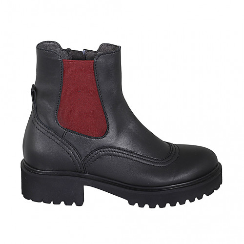Woman's ankle boot with zipper and red elastic band in black leather heel 4 - Available sizes:  32, 33, 34