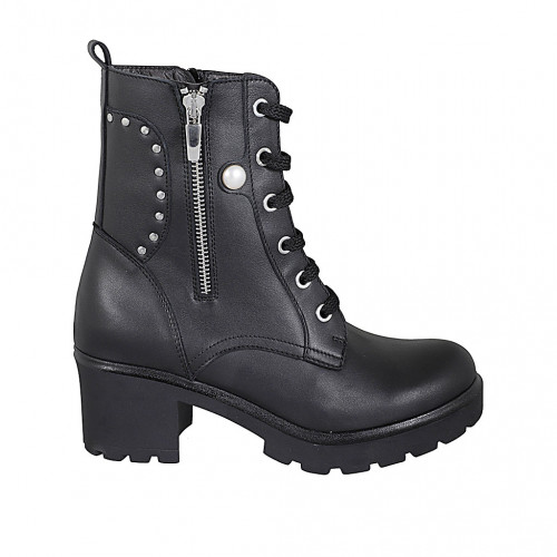 Woman's laced ankle boot with zippers and studs in black leather heel 6 - Available sizes:  32, 43, 44, 45