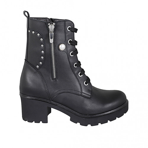 Woman's laced ankle boot with zippers and studs in black leather heel 6 - Available sizes:  43