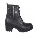 Woman's laced ankle boot with zippers and studs in black leather heel 6 - Available sizes:  43