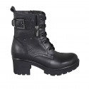 Woman's laced ankle boot with zippers, studs and buckles in black leather heel 6 - Available sizes:  43, 44