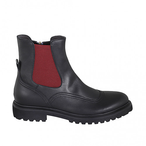 Woman's ankle boot with zipper and red elastic band in black leather heel 3 - Available sizes:  43, 44, 45, 46