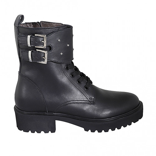 Bottines pour femmes avec lacets, boucles, strass et fermeture éclair en cuir noir avec talon 4 - Pointures disponibles:  32, 33