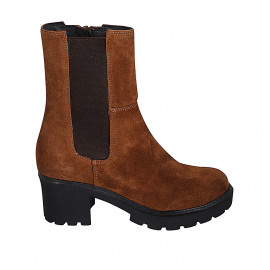 Woman's ankle boot in cognac brown suede with zipper and elastic band heel 6 - Available sizes: 42, 43, 44