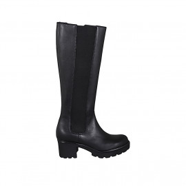 Woman's boot with zipper and elastic in black leather heel 6 - Available sizes: 42, 43, 45