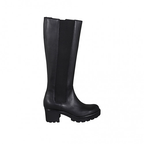 Woman's boot with zipper and elastic in black leather heel 6 - Available sizes:  33, 34, 42, 43, 45