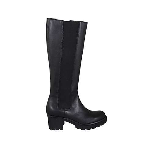 Woman's boot with zipper and elastic in black leather heel 6 - Available sizes:  42, 43, 45