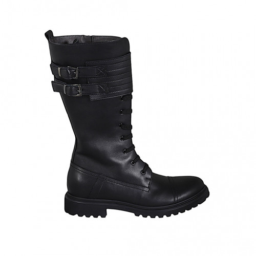 Bottes pour femmes avec lacets, fermeture éclair et boucles en cuir noir avec talon 3 - Pointures disponibles:  44