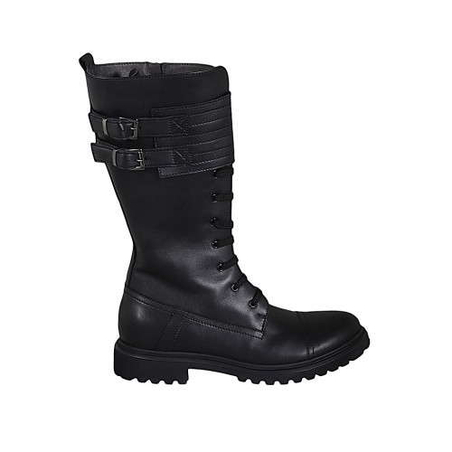 Woman's laced ankle boot with zipper and buckles in black leather heel 3 - Available sizes:  43, 44, 45