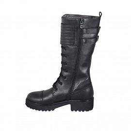 Woman's laced boot with buckles, captoe and zipper in black leather heel 4 - Available sizes:  32, 33 2