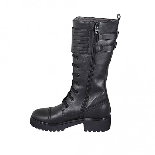 Damenstiefel mit Schnüren, Kappe, Schnallen und Reißverschluss aus schwarzem Leder Absatz 4
