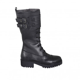 Woman's laced boot with buckles, captoe and zipper in black leather heel 4 - Available sizes: 32, 33