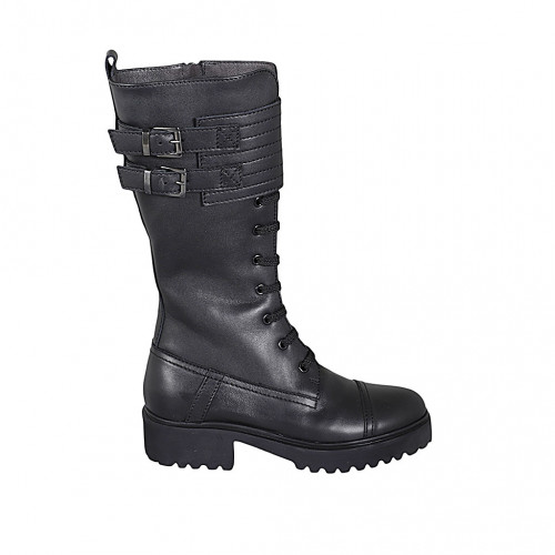 Bottes pour femmes avec lacets, bout droit, boucles et fermeture éclair en cuir noir talon 4 - Pointures disponibles:  32, 33