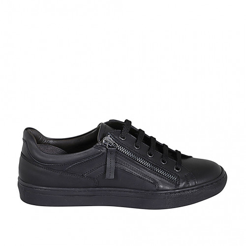Chaussure sportif à lacets avec semelle amovible et fermeture éclair pour hommes en cuir noir - Pointures disponibles:  36, 37, 38, 47, 54