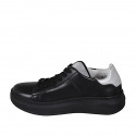 Woman's laced shoe with zipper and removable insole in black and silver leather wedge heel 3 - Available sizes:  32, 33, 42