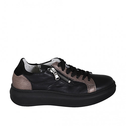 Chaussure à lacets avec semelle amovible et fermeture éclair pour femmes en cuir noir et cuivre et daim noir talon compensé 3 - Pointures disponibles:  32, 33, 42, 43, 44