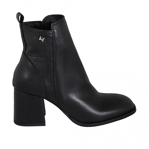 Bottines à bout carré pour femmes avec fermeture éclair et goujon en cuir noir talon 7 - Pointures disponibles:  43, 44