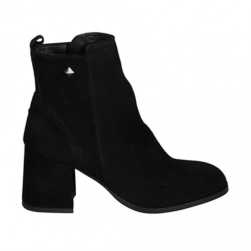 Woman's squared ankle boot with zipper and stud in black suede heel 7 - Available sizes:  32, 33, 42, 43, 45