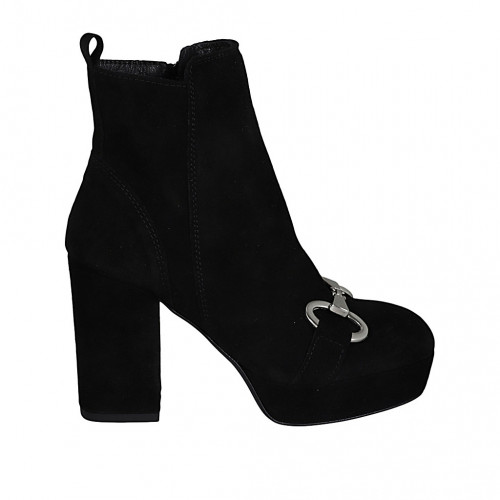 Woman's ankle boot with zipper, platform and accessory in black suede heel 10 - Available sizes:  32, 33, 34, 42, 43, 44, 45