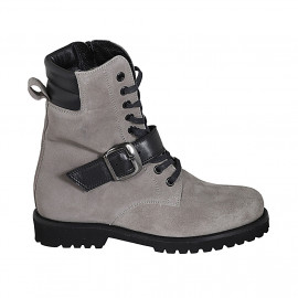 Woman's laced ankle boot with zipper and buckle in grey suede heel 3 - Available sizes:  33, 42, 44