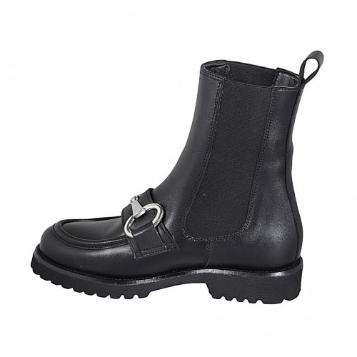 Damenstiefelette mit Gummibändern und Accessoire aus schwarzem Leder Absatz 3
