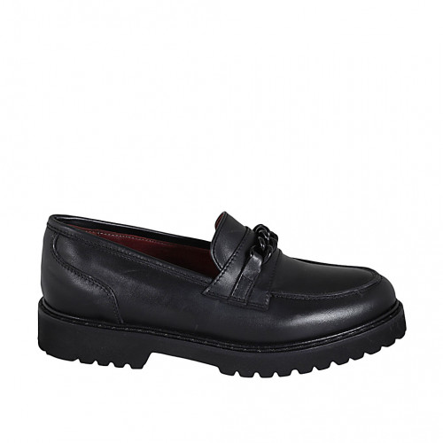 Woman's mocassin with chain and removable insole in black leather heel 3 - Available sizes:  32, 45