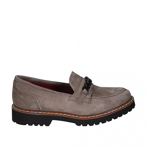 Woman's mocassin with chain and removable insole in taupe suede heel 3 - Available sizes:  44, 45